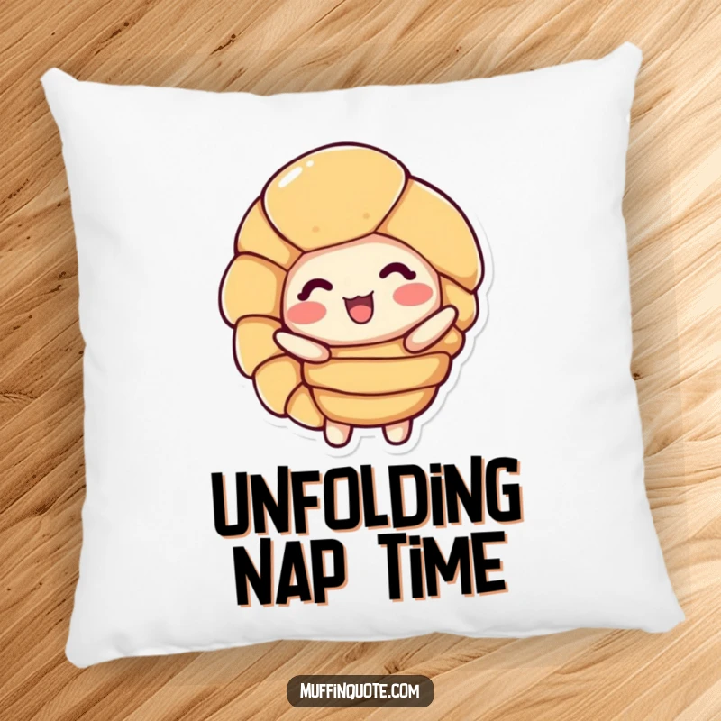 Funny Pillow: A delighted croissant character rests, its flaky layers offering soft comfort.