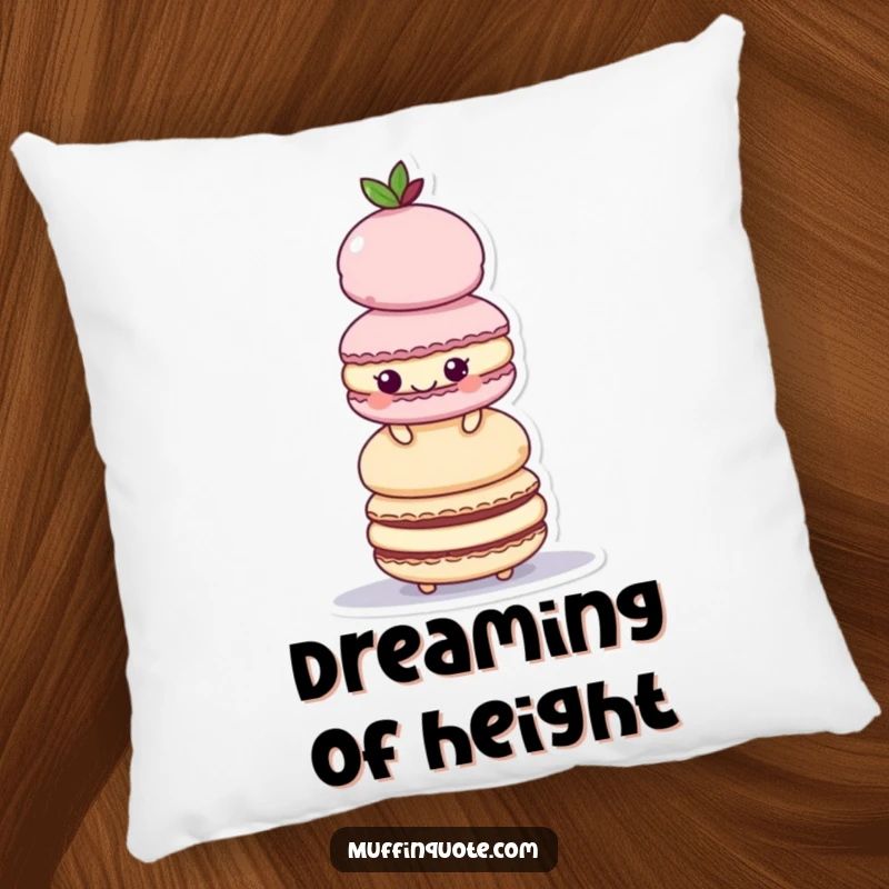 Funny Pillow: A playful macaroon character rests atop a tall tower of treats, offering comfort.