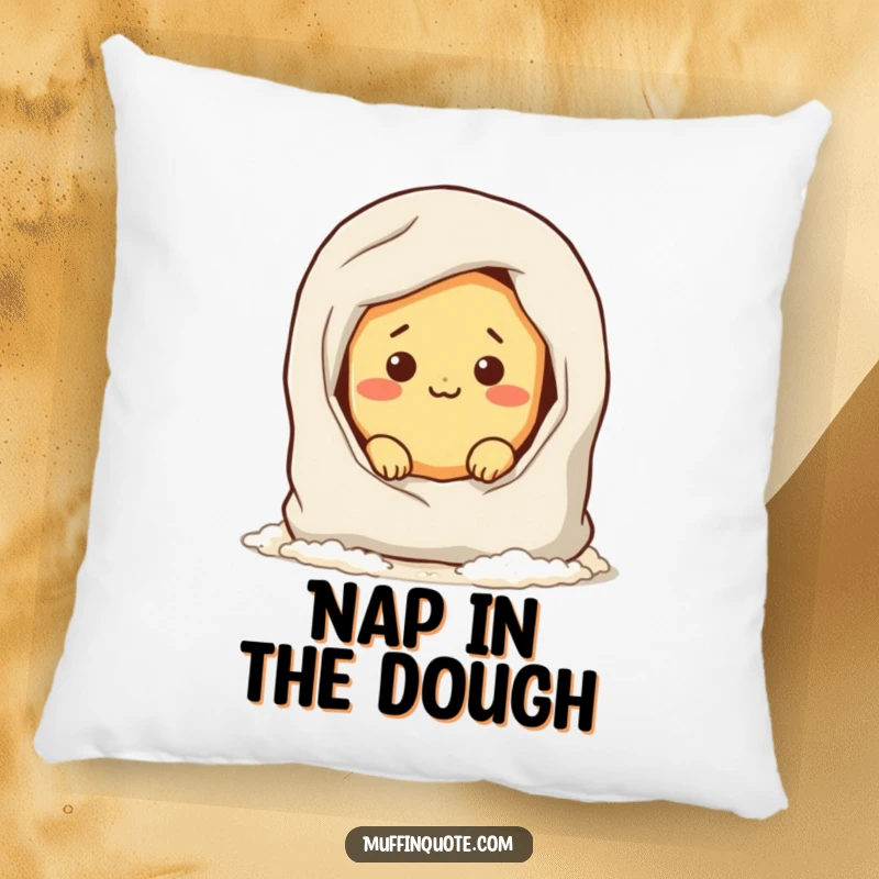 Funny pillow featuring a cute bread roll character hiding in a flour bag, offering comfort and a touch of lighthearted bakery humor.
