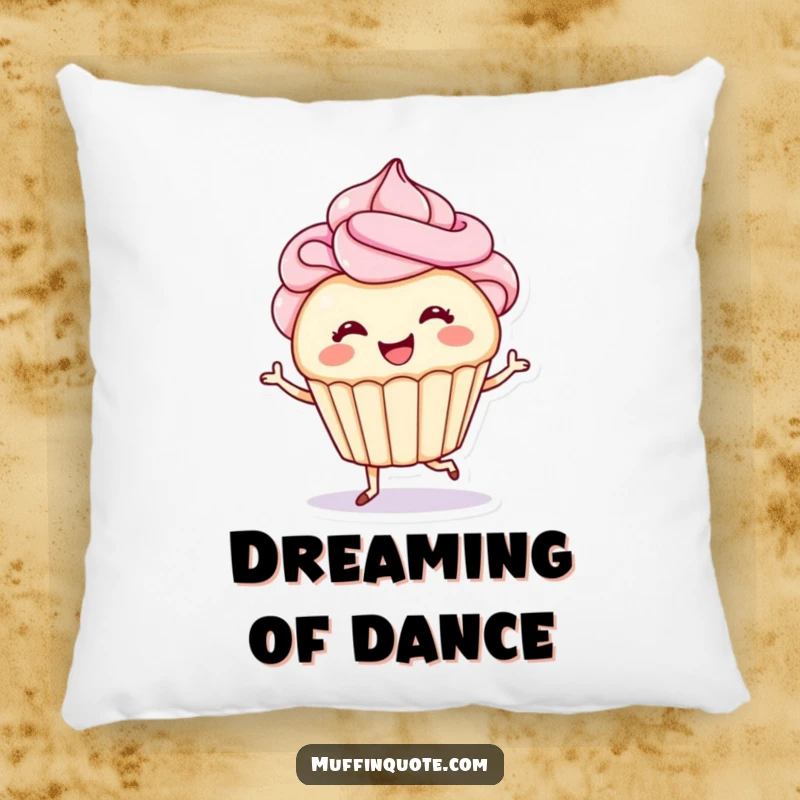 Funny pillow featuring a smiling cupcake with frosting hair tap-dancing, offering both comfort and a whimsical, humorous decorative accent.