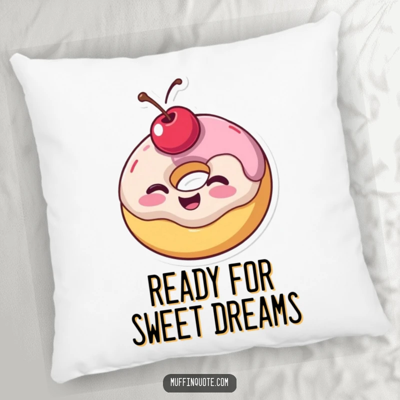 Funny pillow featuring a wobbly donut with a cherry on top giving a joyful wink, offering both comfort and a whimsical, humorous accent.