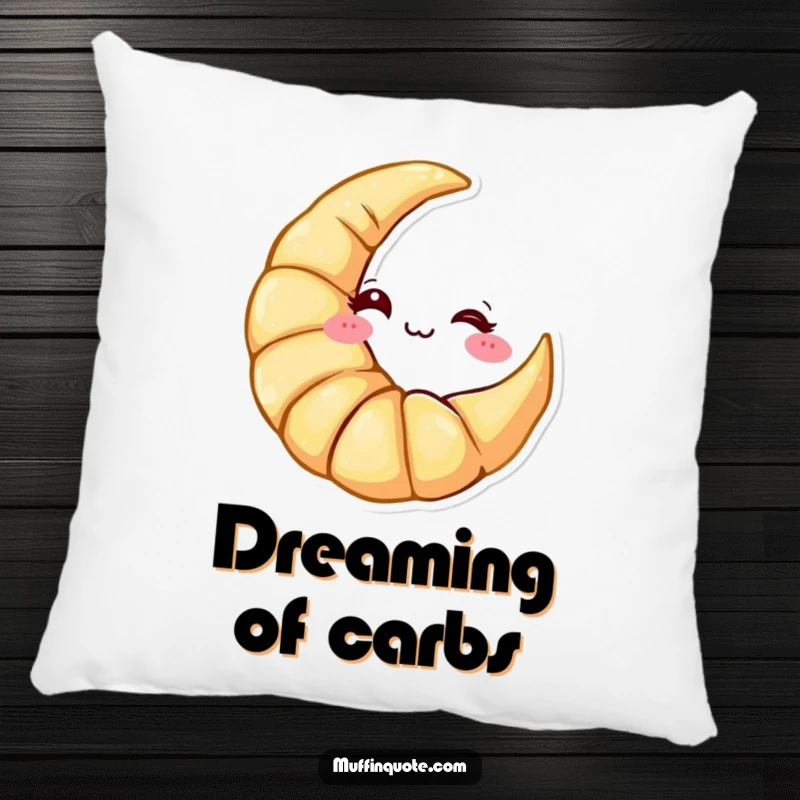 Funny Pillow: A croissant character shaped like a crescent moon winking cheekily, perfect for cozying up.