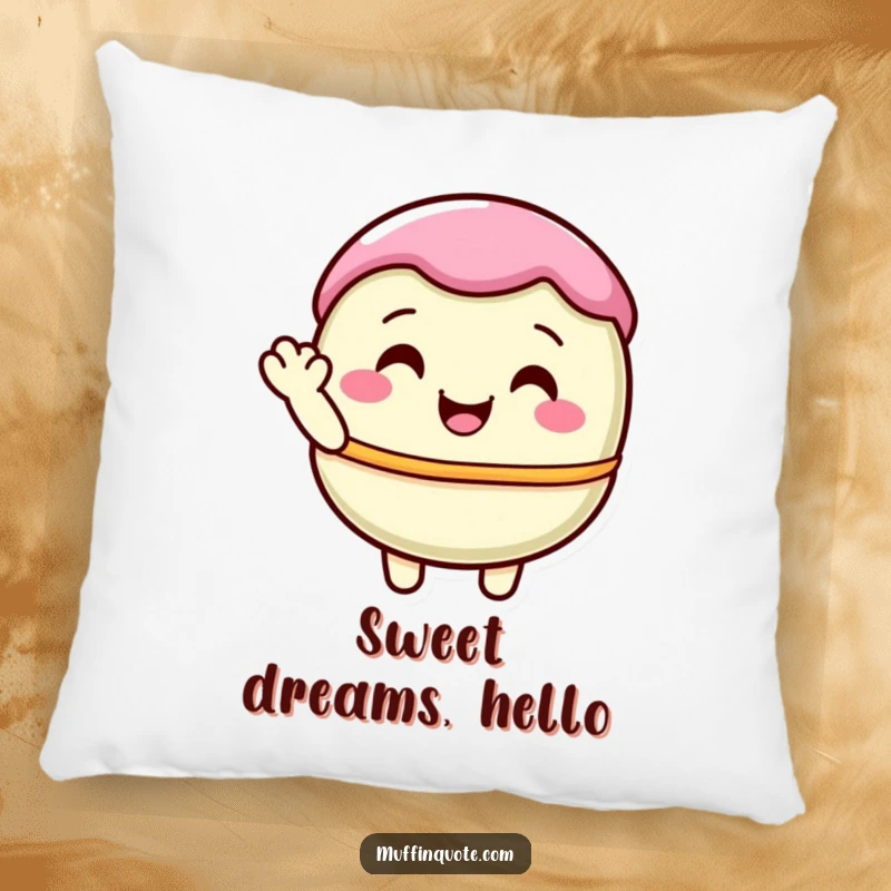 Funny, pastel macaron character shyly waving, creating a soft and charming accent pillow for sweet dreams.