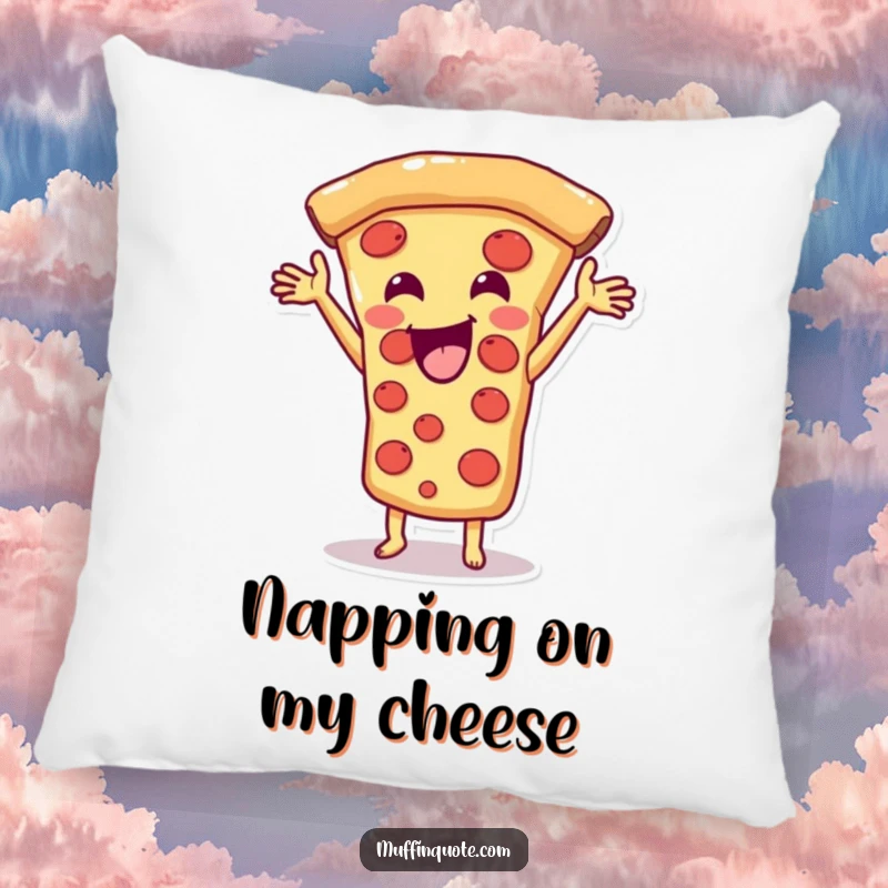 Funny Pizza Slice Pillow with a cheerful character stretching gooey cheese, providing comfort and humor, a great funny gift idea.