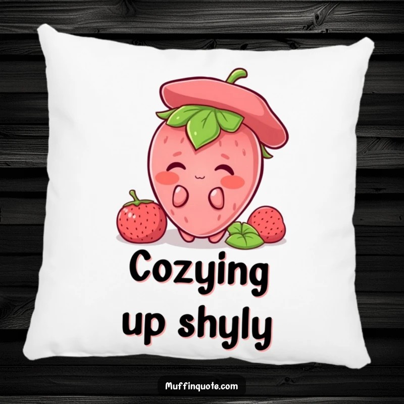 Funny Strawberry Shy Pillow with a blushing strawberry character, offering comfort and cute humor, a great funny gift idea.