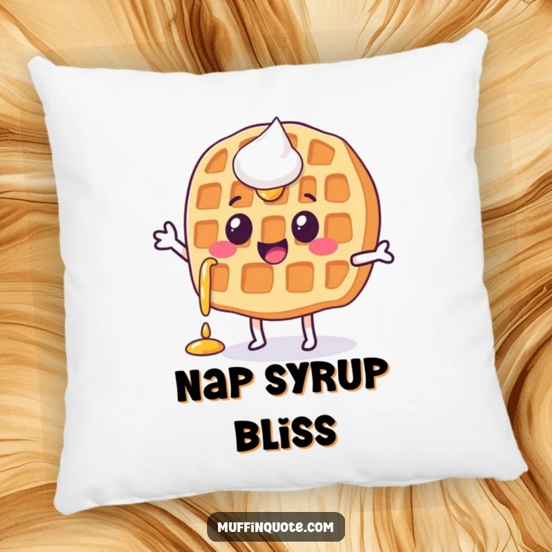 Funny, happy waffle character with syrup dripping, doing a little jig, creating a soft and syrupy accent pillow.