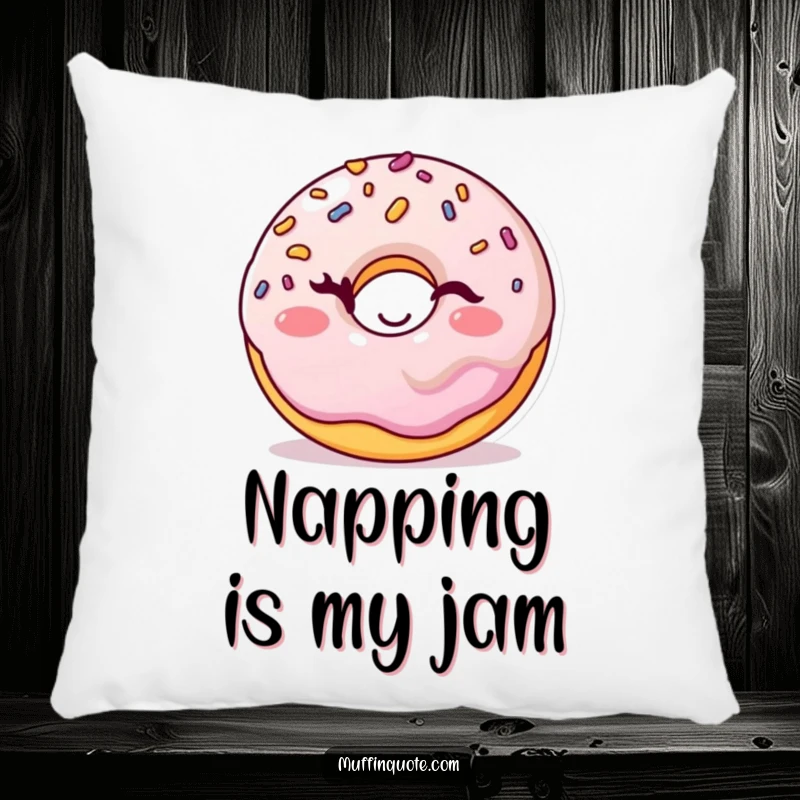 Funny donut pillow featuring a cheerful, winking sprinkles character, offering soft comfort and a playful decorative accent.