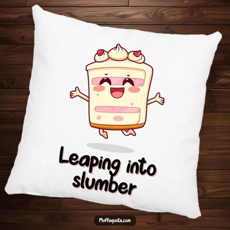 Funny pillow featuring a happy slice of cake character leaping with pure exuberance, perfect for cozy, joyful moments.