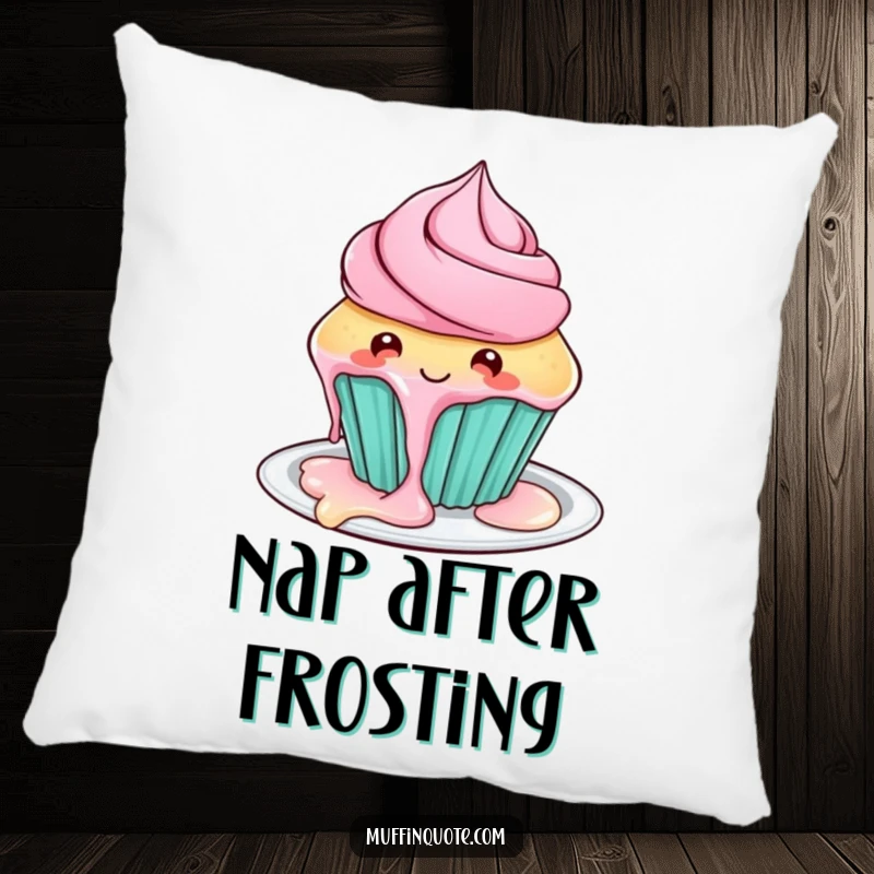 Funny cupcake pillow featuring a playful character with dripping frosting, offering comfortable and humorous decor.