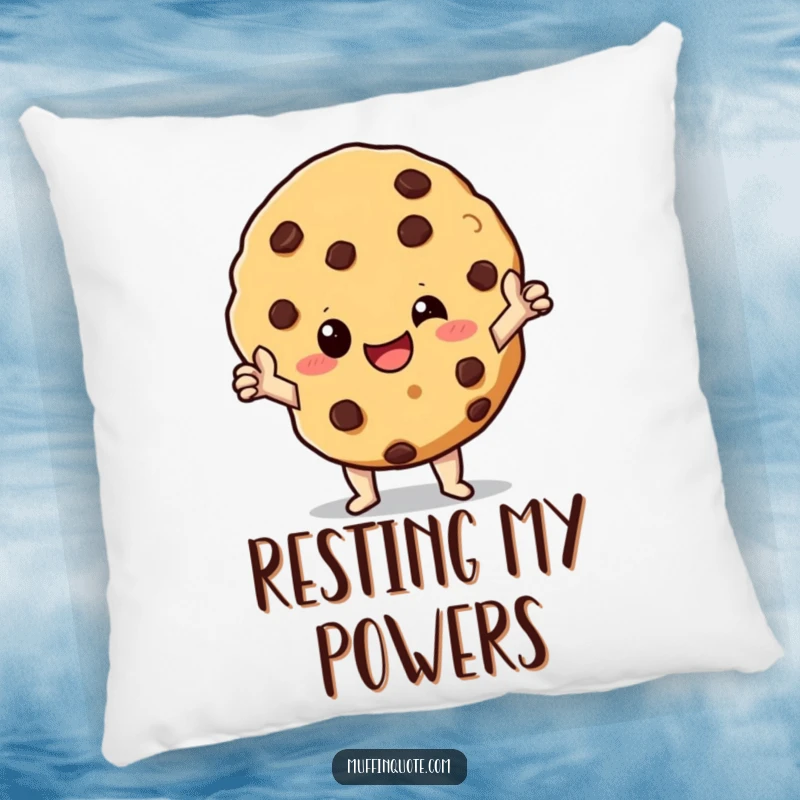 Funny Pillow: A giggling chocolate chip cookie character in a heroic pose, offering comfort and sweet protection.