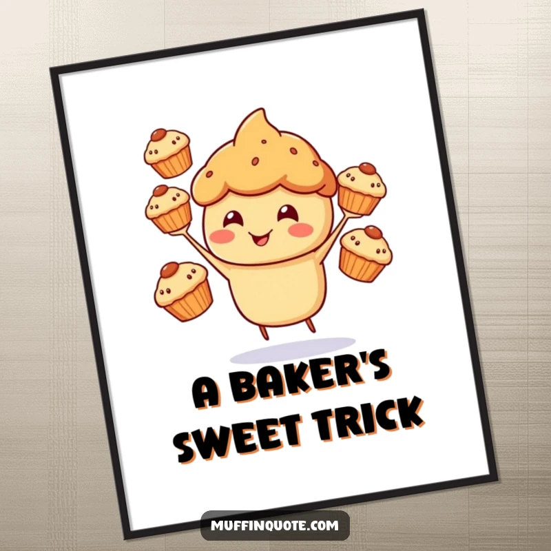 Funny Digital Art Print of a cheerful muffin character happily juggling three smaller muffins.