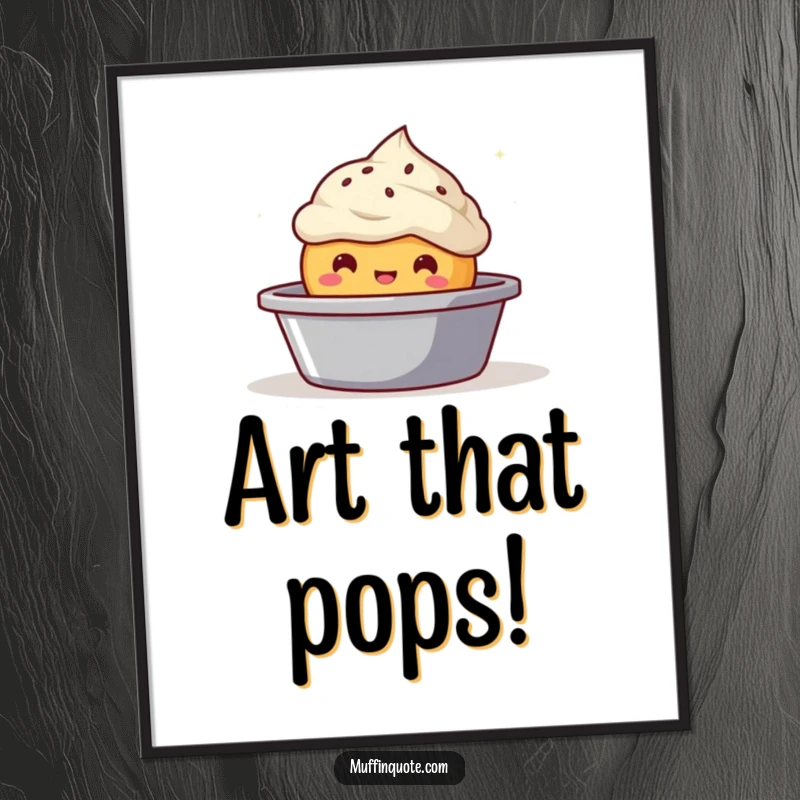 Funny bubbly muffin character popping out of a baking tin digital art print, cheerful and whimsical decor.
