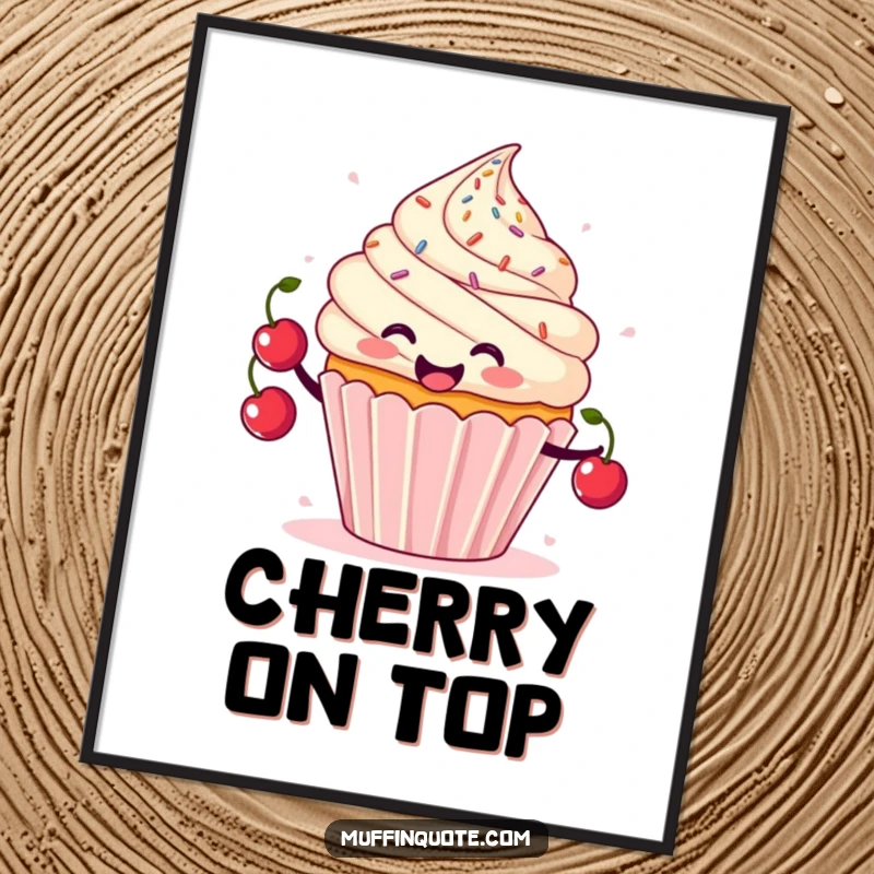 Funny digital art print of a smiling cupcake character juggling cherries with sprinkles flying, whimsical decor.