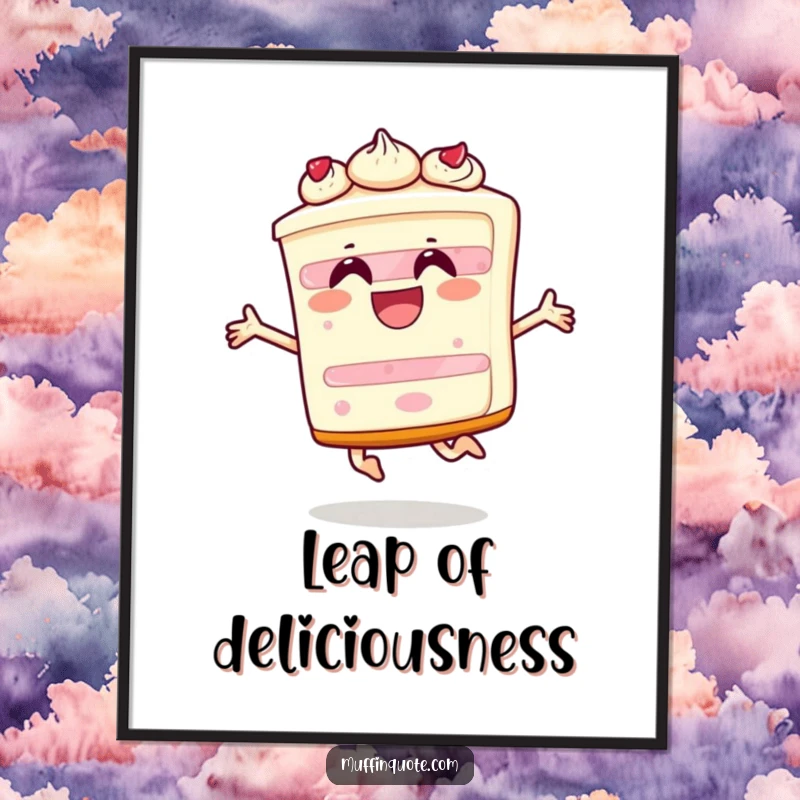 Funny digital art print of a happy slice of cake character leaping energetically, embodying pure celebration and sweet delight.