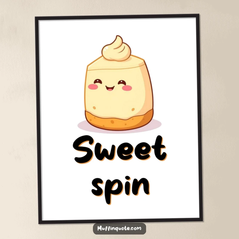 Funny Digital Art Print: A smiling cheesecake character with a crust base performs a happy spin, adding sweet and whimsical art to walls.