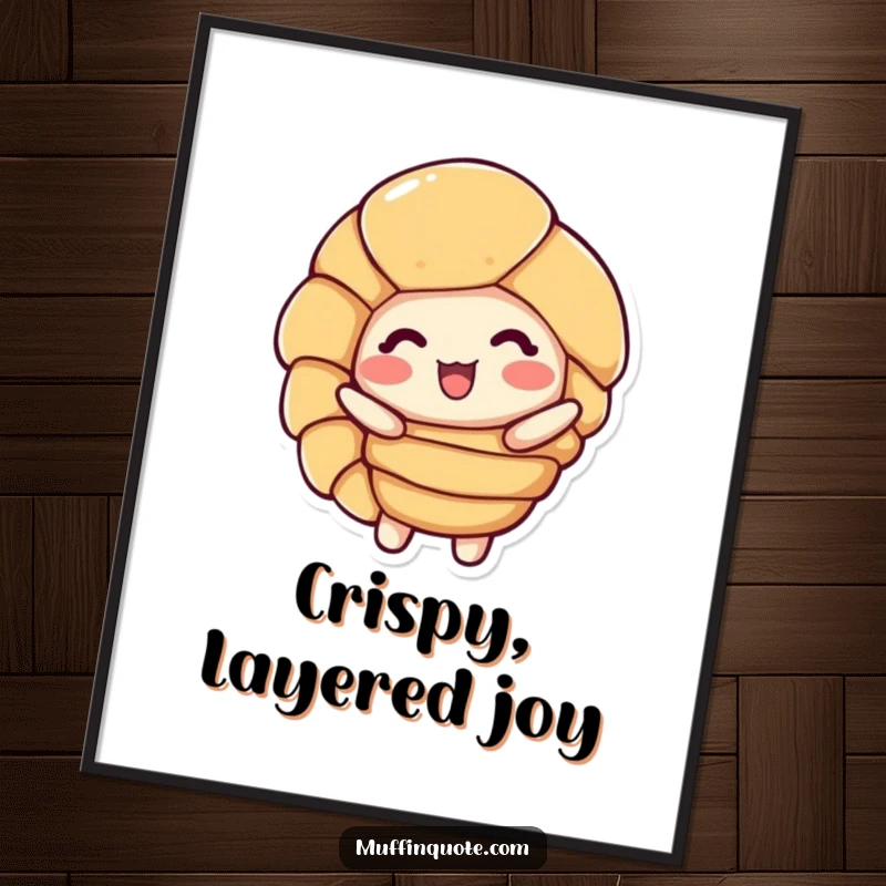 Funny Digital Art Print: A delighted croissant character joyfully unfurls its golden, flaky layers, sweet art.