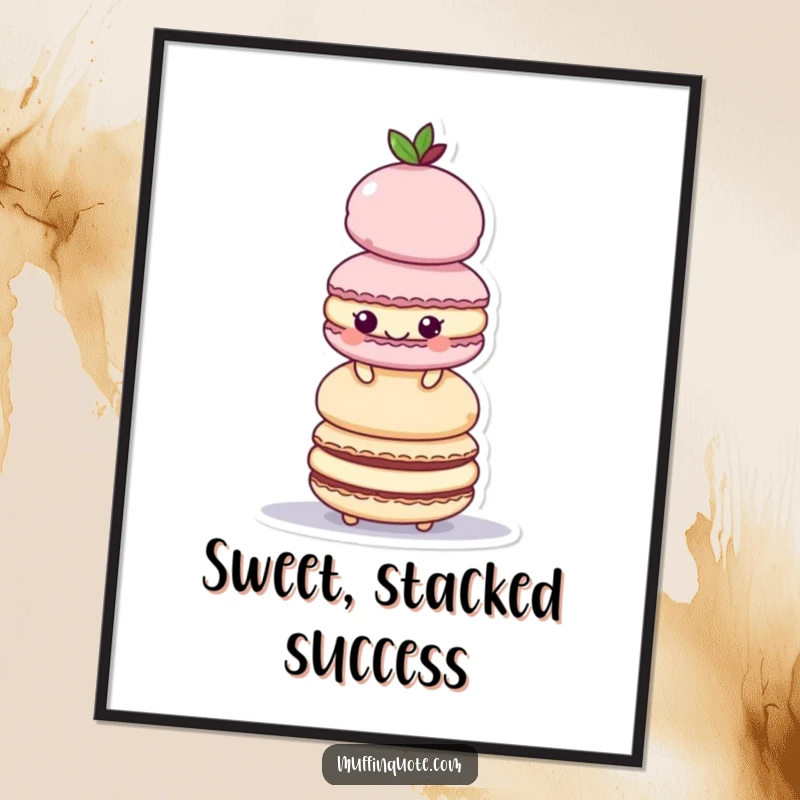 Funny Digital Art Print: A playful macaroon character joyfully stacks colorful treats into a towering artwork.