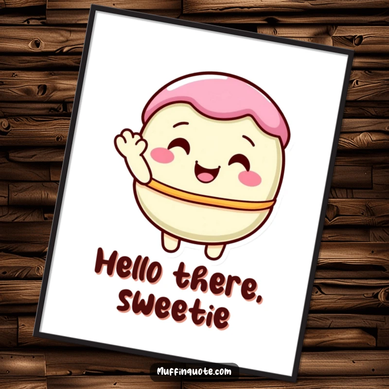 Funny, pastel macaron character shyly waving, available as a downloadable digital art print for instant sweet decor.