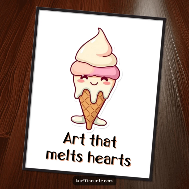 Funny melting ice cream cone digital art print, a happy character melting with a grin, printable wall decor.