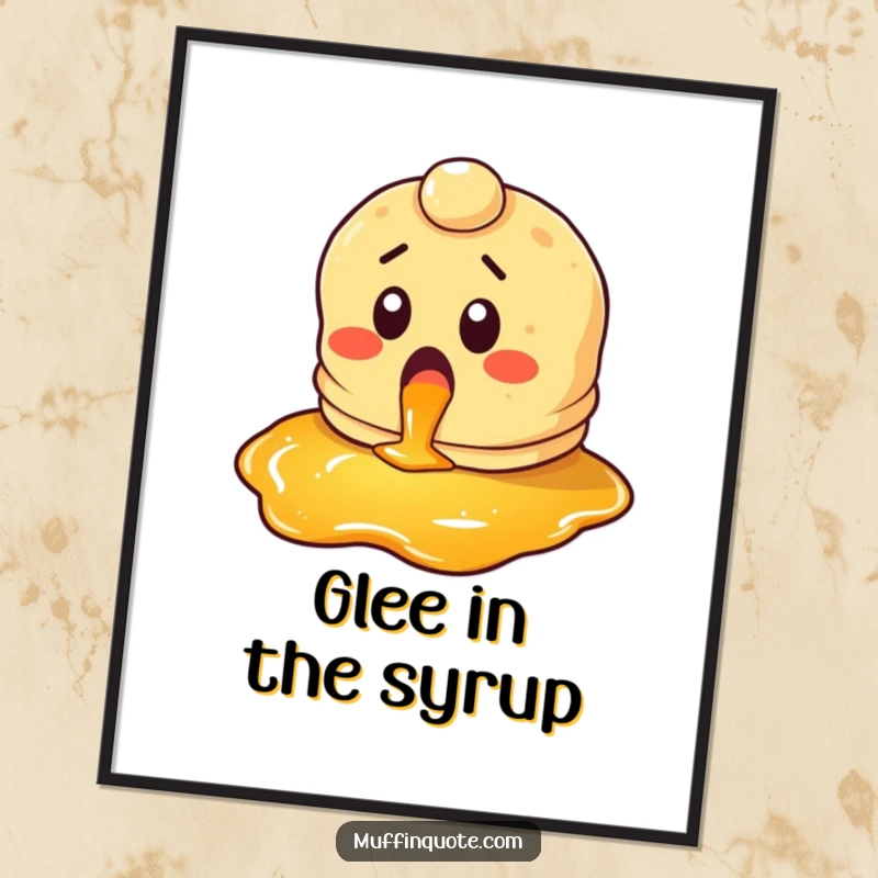 Funny pancake digital art print of a surprised character looking gleefully at syrup, celebrating breakfast with humor.