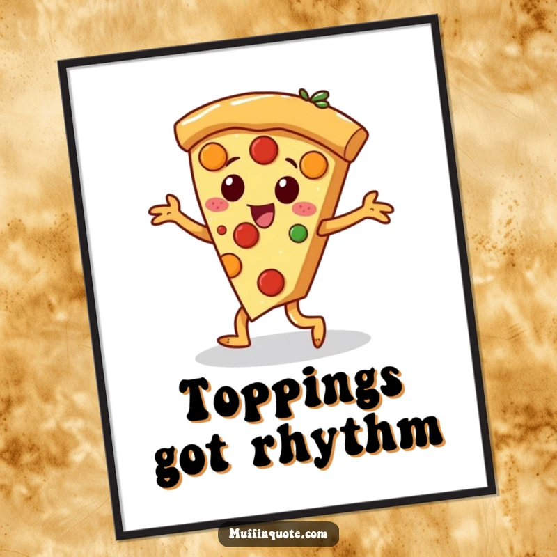 Funny pizza slice character with toppings dancing a jig, a vibrant and humorous digital art print.