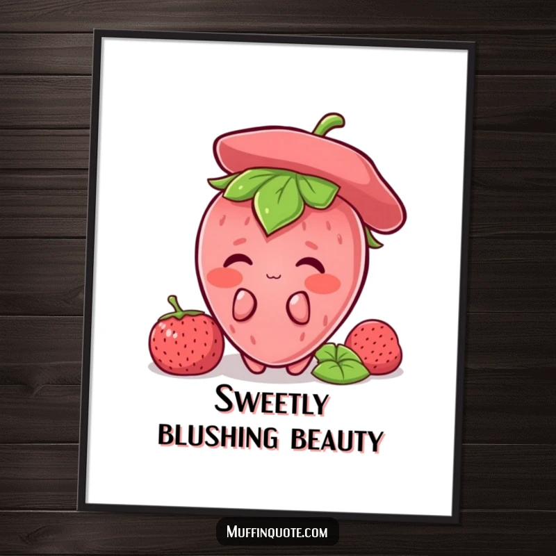 Funny Strawberry Shy Digital Art Print featuring a blushing strawberry character hiding, ready for download and framing, a unique funny gift.