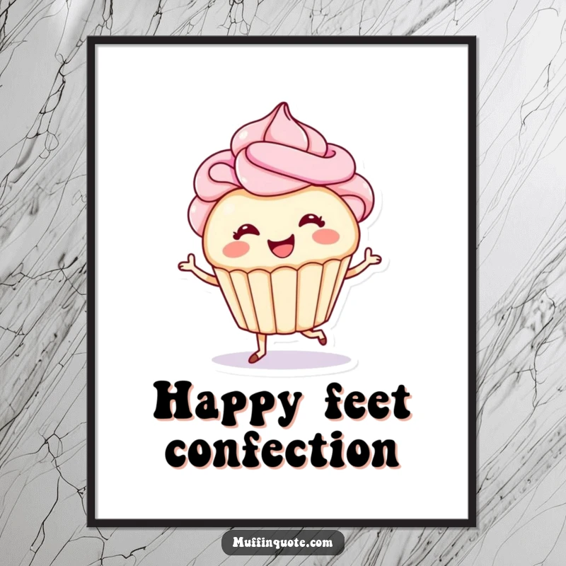 Funny digital art print of a smiling cupcake with swirled frosting hair tap-dancing enthusiastically, perfect for instant humorous wall decor.