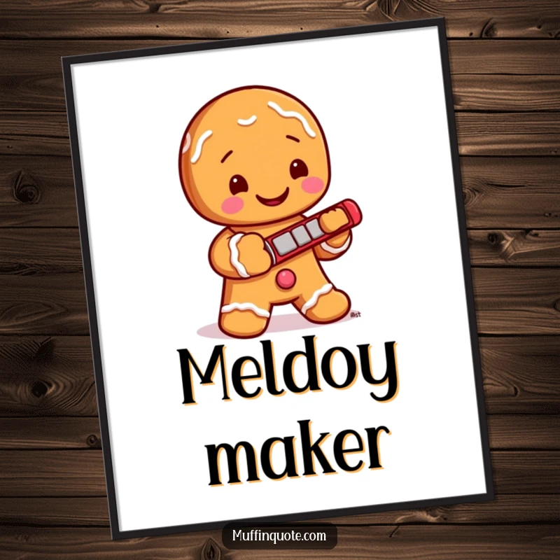 Funny Digital Art Print: A jolly gingerbread man with icing buttons plays a tiny harmonica, creating a cheerful and musical artwork for your walls.