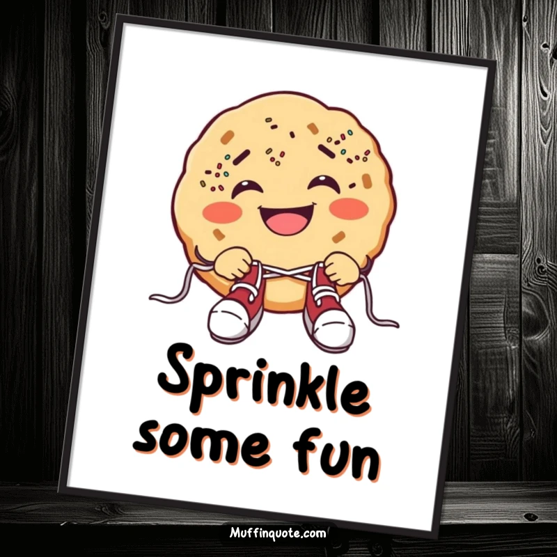 Funny cookie digital art print of a grinning cookie with sprinkle freckles comically tying shoelaces, for instant humorous decor.