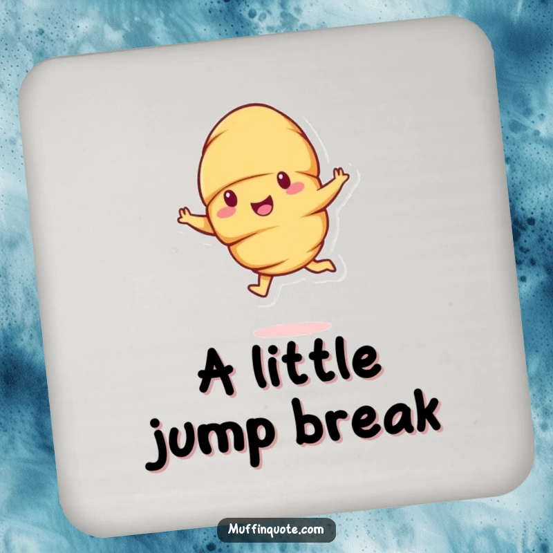 Funny cheerful croissant character doing a bouncy leap, a humorous coaster for table protection.