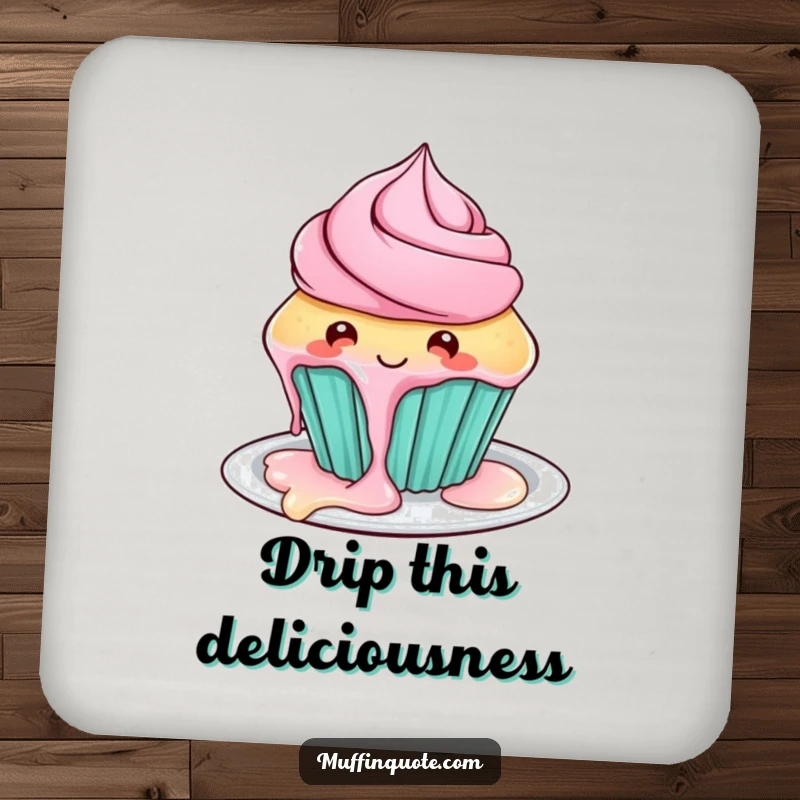 Funny cupcake coaster featuring a character with frosting dripping, protecting surfaces with sweet humor.