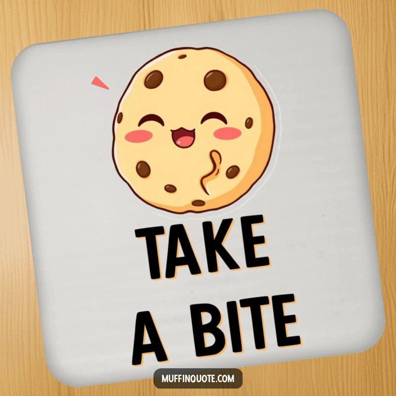 Funny Cookie Bite Coaster with a chortling cookie character, protecting surfaces and adding humor, a great funny gift.