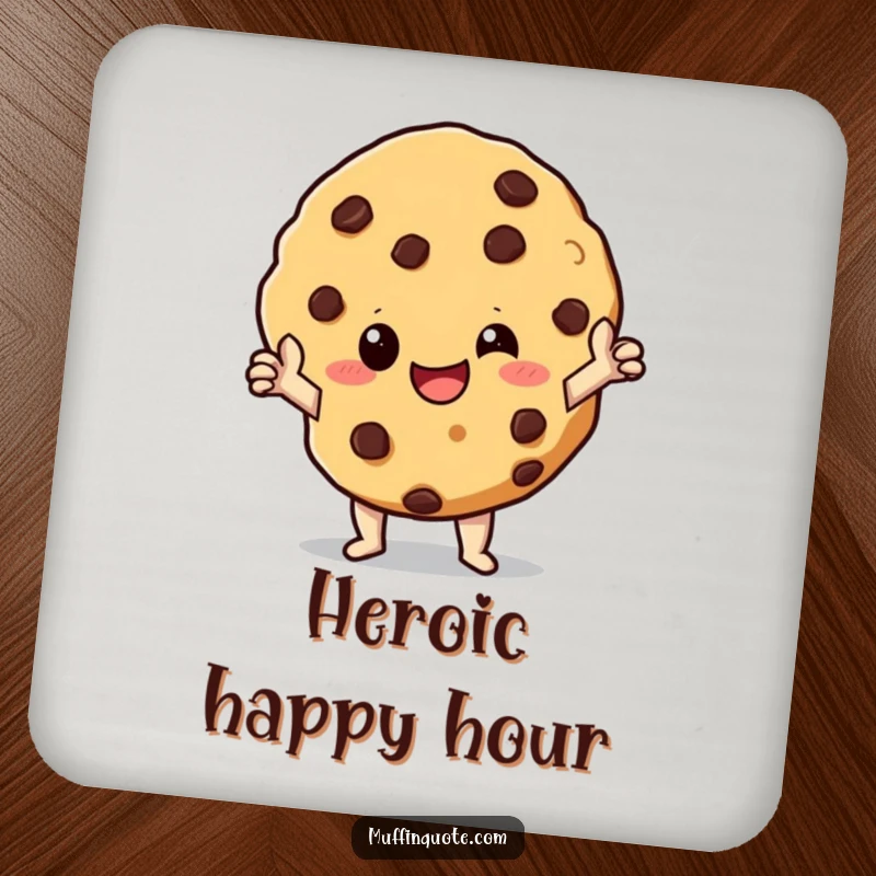 Funny Coaster: A giggling chocolate chip cookie character striking a heroic pose, adding a touch of sweet bravery to drink surfaces.