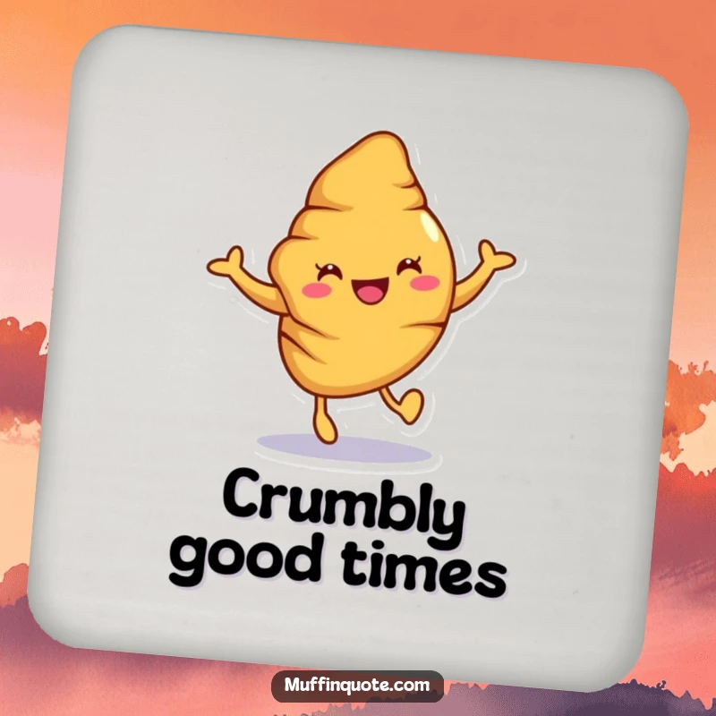 Funny croissant coaster with a joyful character hopping, protecting surfaces with baked-themed humor and charm.