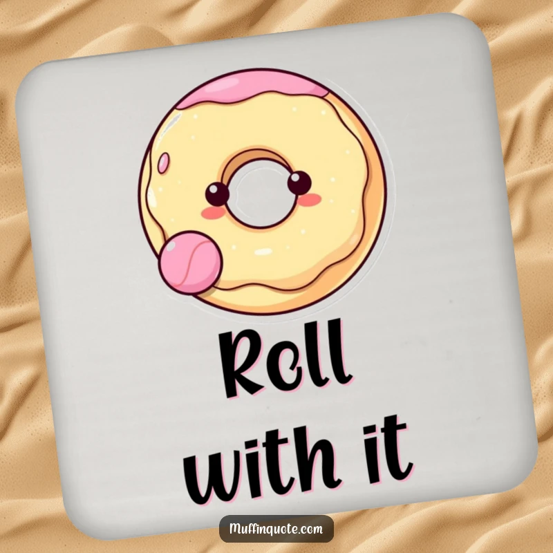 Funny, cheerful donut character happily bouncing a ball, featured on a drink coaster to protect surfaces with humor.