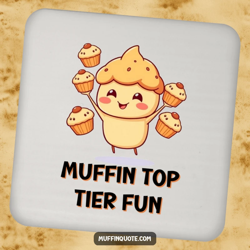 Funny Drink Coasters showing a cheerful muffin character happily juggling three smaller muffins.
