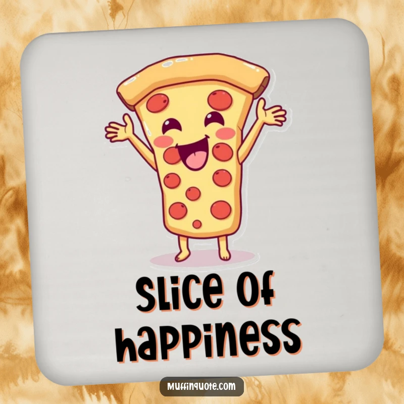 Funny Pizza Slice Coaster with a happy character stretching cheese, protecting surfaces and adding humor, a great funny gift.