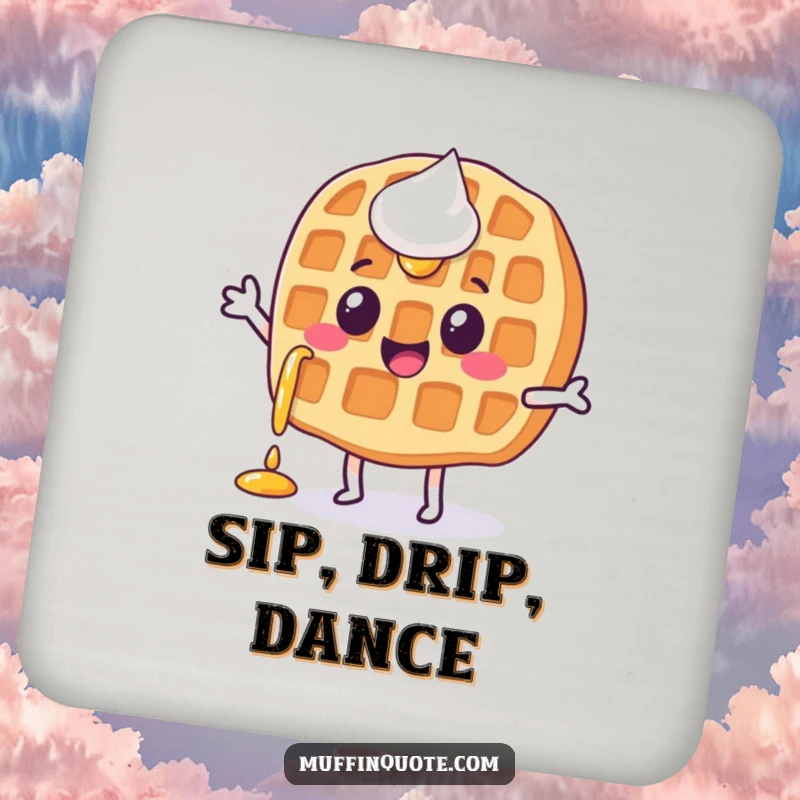 Funny, happy waffle character with syrup dripping, doing a little jig, on a drink coaster.