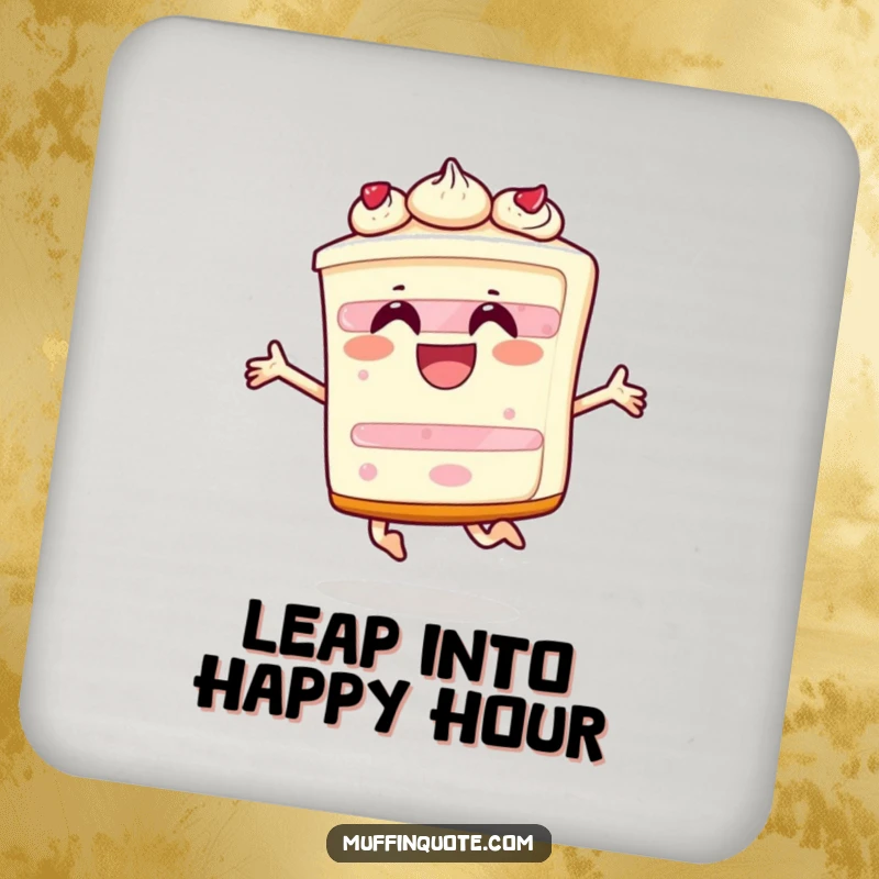 Funny drink coaster showcasing a happy slice of cake character leaping with joy, adding celebratory charm to any surface.