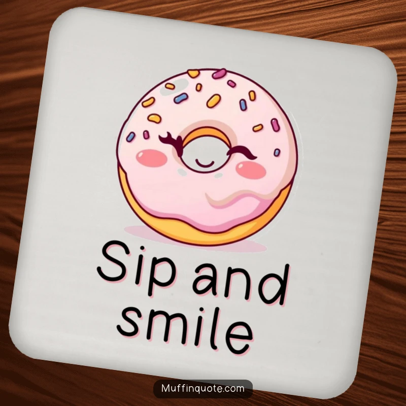 Funny donut coaster featuring a cheerful sprinkles character winking playfully, protecting surfaces with sweet humor.