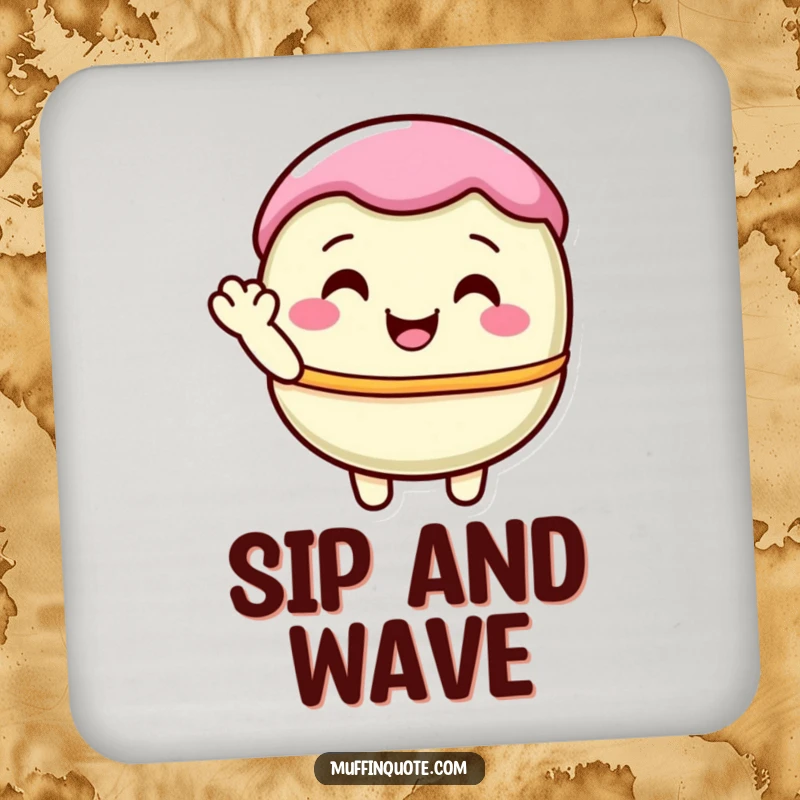 Funny, pastel macaron character shyly waving, featured on a drink coaster to protect surfaces with sweet style.