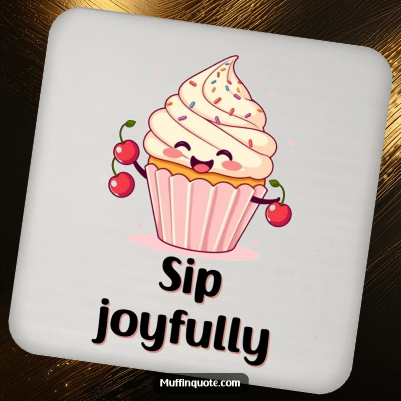 Funny cupcake coaster with a juggling character and flying sprinkles, protecting surfaces humorously.
