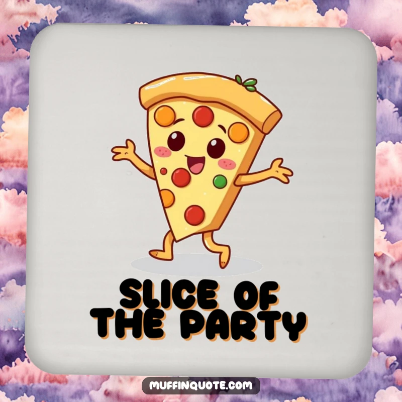 Funny pizza slice character with dancing toppings performing a jig, a humorous coaster for table protection.