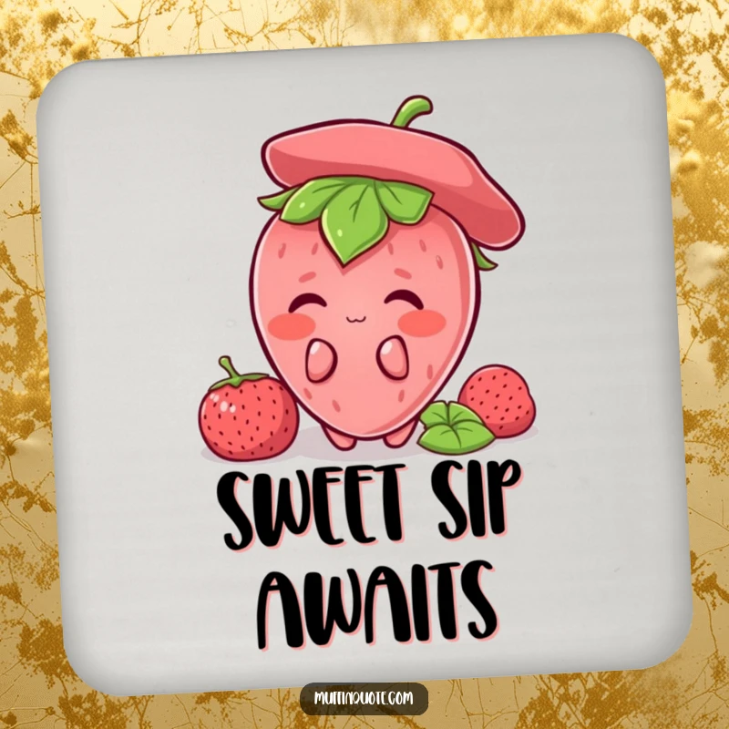 Funny Strawberry Shy Coaster with a blushing strawberry character, protecting surfaces and adding humor, a great funny gift.