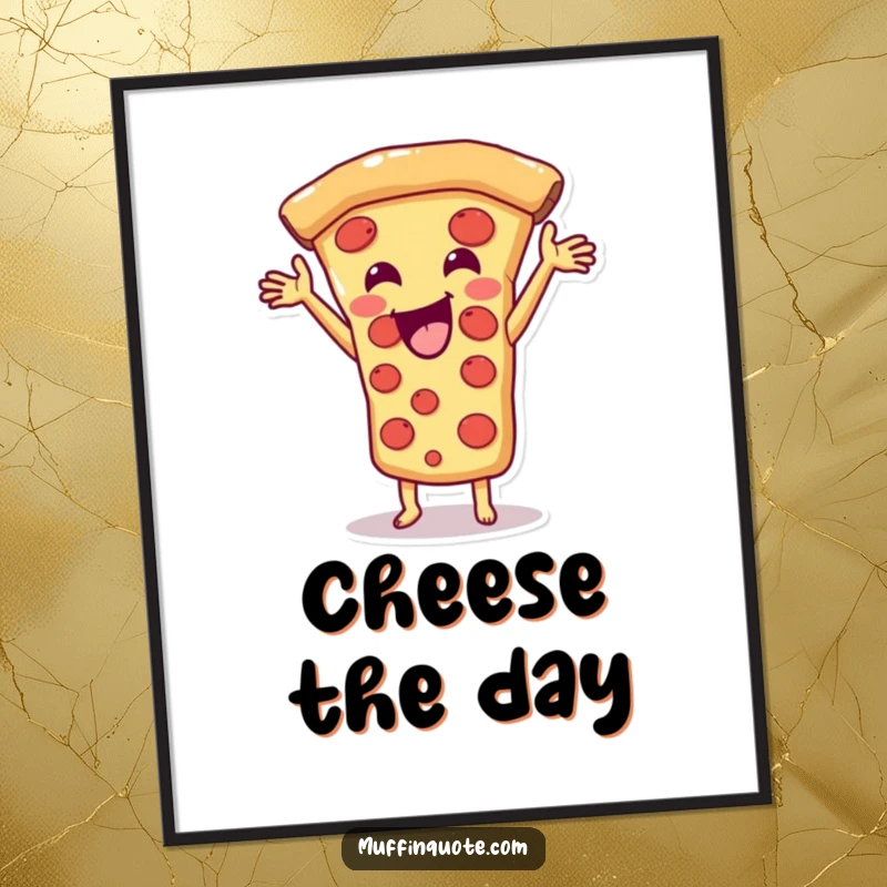Funny Pizza Slice Poster showcasing a happy pizza slice character stretching its cheese, perfect for wall decor and as a funny gift.