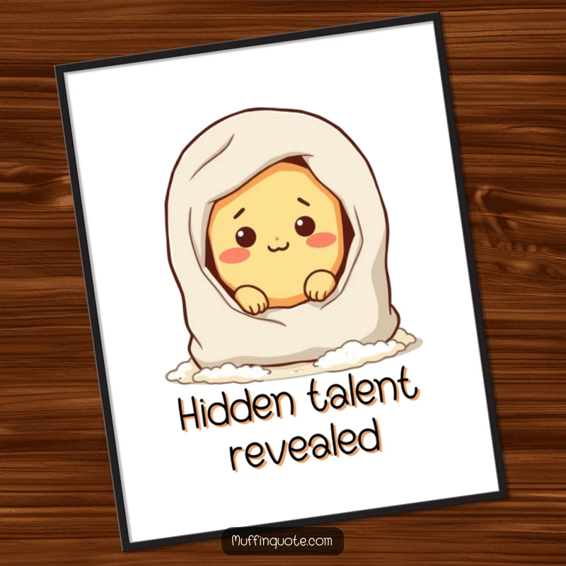 Funny poster art of a mischievous bread roll character peeking from a flour bag, ideal for adding whimsical and humorous wall decor.