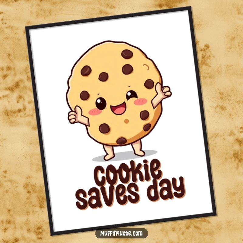 Funny Poster: A giggling chocolate chip cookie character striking a heroic pose, embodying sweet bravery and cheer.