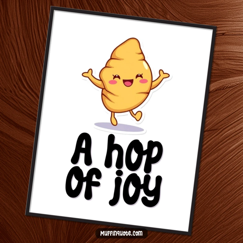 Funny croissant poster featuring a joyful character doing a little hop, celebrating being freshly baked with charming art.