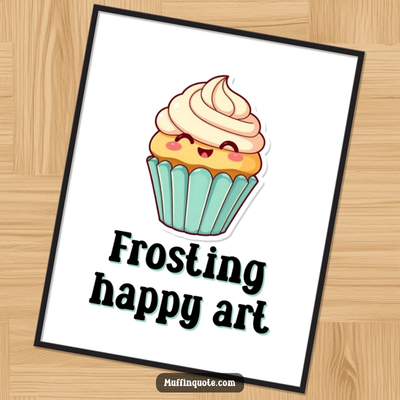 Funny Poster: Smiling cupcake character wiggling its frosting with delight, perfect for whimsical wall art and as a funny gift.