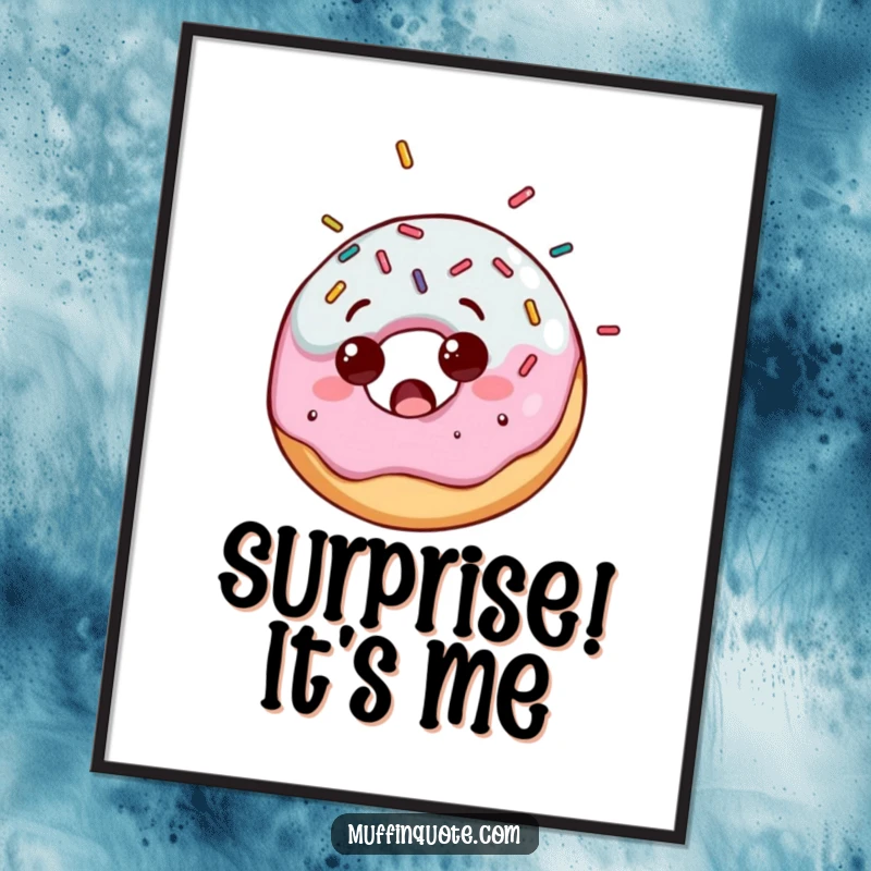 Funny poster illustration of a donut character with wide eyes, surprised by a delightful rain of colorful, sugary sprinkles.
